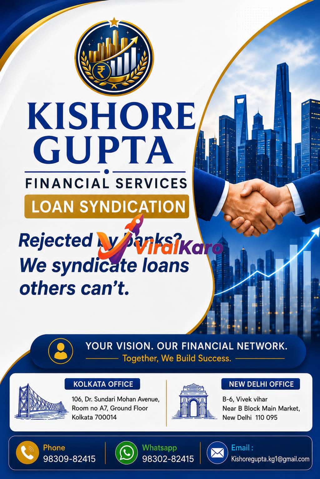 Financial services advertisement for Kishore Gupta Loan Syndication showing a handshake and office locations in Kolkata and New Delhi.