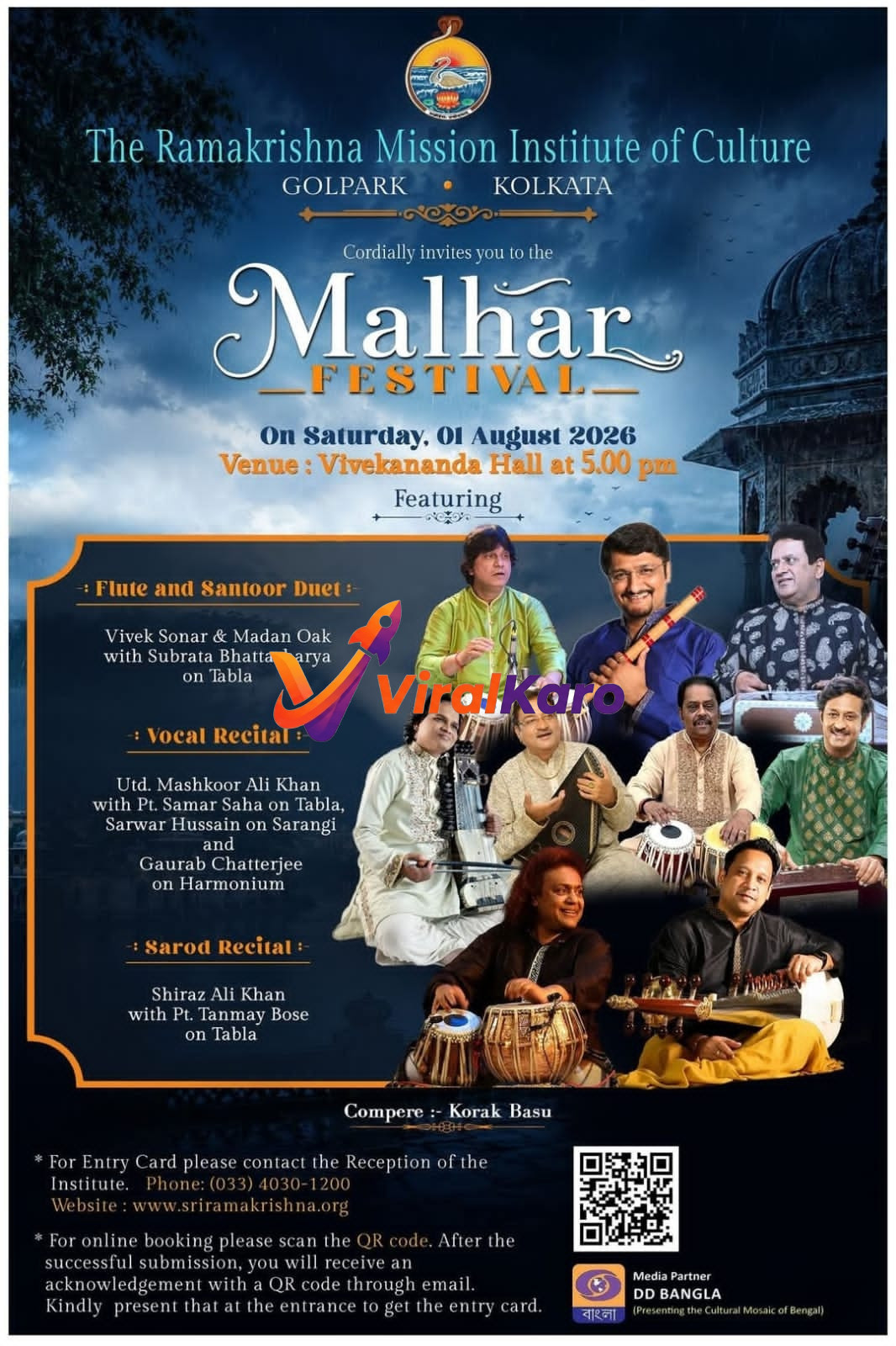 Event poster for the Malhar Festival 2026 at The Ramakrishna Mission Institute of Culture featuring portraits of Indian classical musicians playing flute, tabla, and sarod.