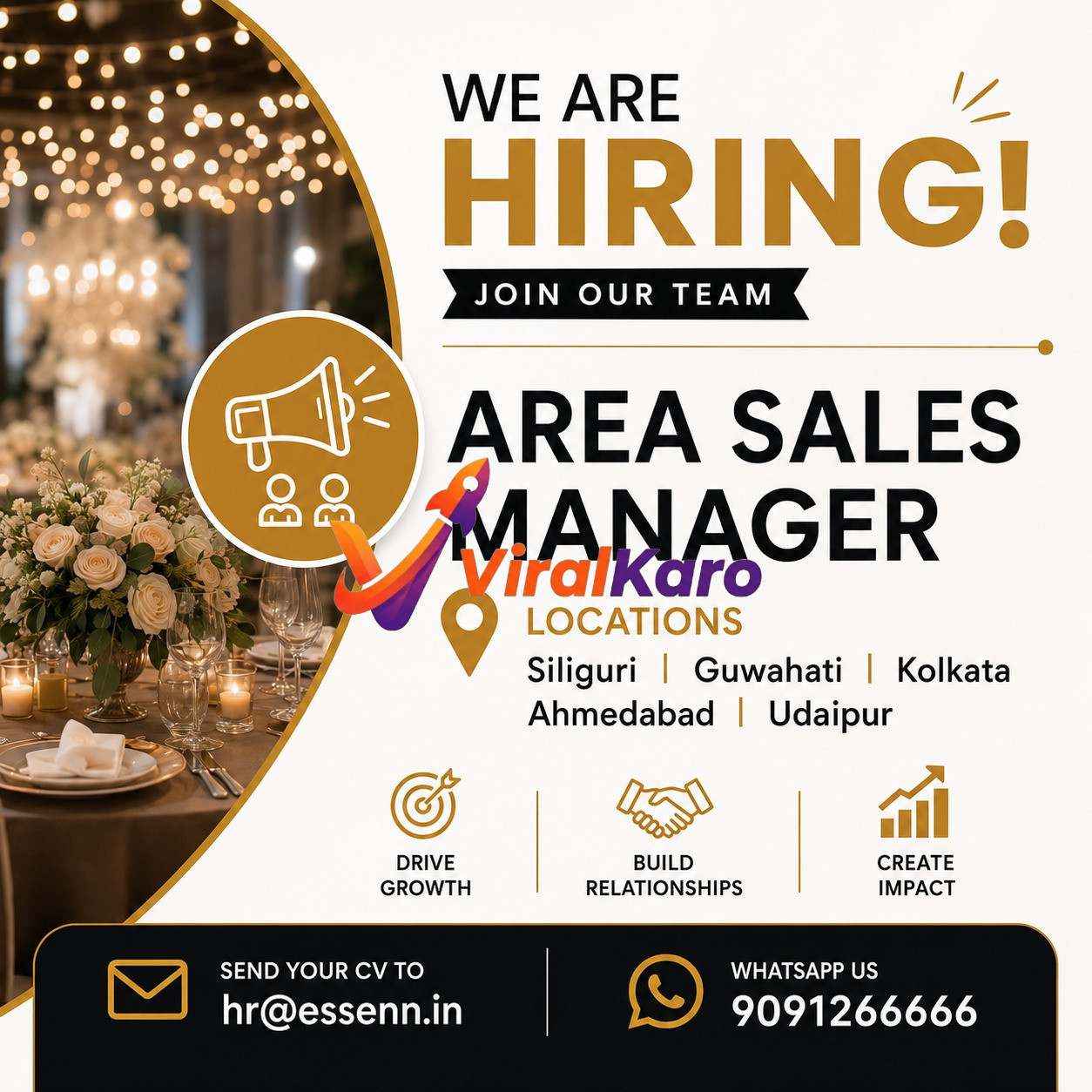 Hiring flyer for Area Sales Manager position at Essenn company, listing job locations including Siliguri, Guwahati, Kolkata, Ahmedabad, and Udaipur with contact details.