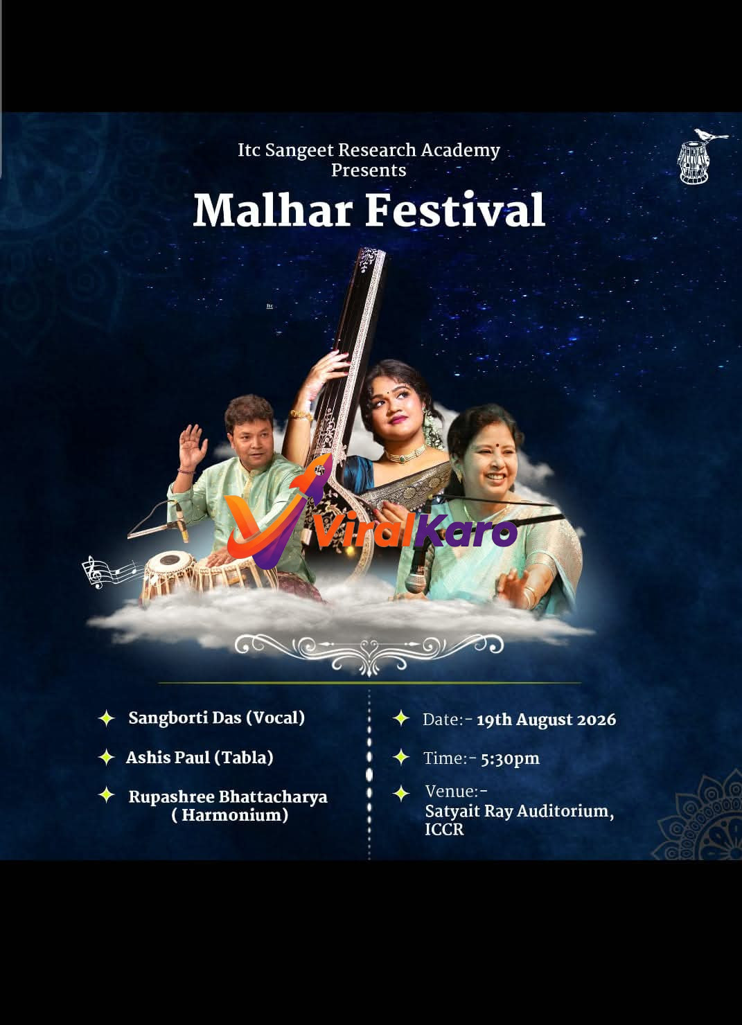 Event poster for Malhar Festival presented by ITC Sangeet Research Academy featuring musicians Sangborti Das, Ashis Paul, and Rupashree Bhattacharya.