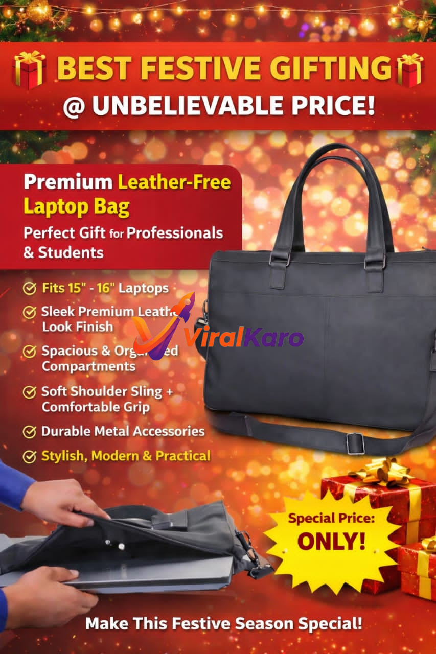 A vibrant festive promotional image for a black premium leather-free laptop bag, positioned against a shimmering bokeh background with gift boxes. The text highlights "BEST FESTIVE GIFTING @ UNBELIEVABLE PRICE!" and features like "Fits 15"-16" Laptops", "Sleek Premium Leather-Look Finish", "Spacious & Organized Compartments", "Soft Shoulder Sling", "Durable Metal Accessories", and "Stylish, Modern & Practical". A hand is shown placing a laptop into the bag, with a yellow starburst proclaiming "Special Price: ONLY!". The call to action reads, "Make This Festive Season Special!".
