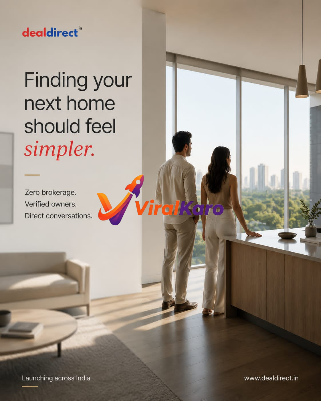 A couple standing in a modern, bright apartment looking out of a large window, symbolizing finding a new home with DealDirect services.