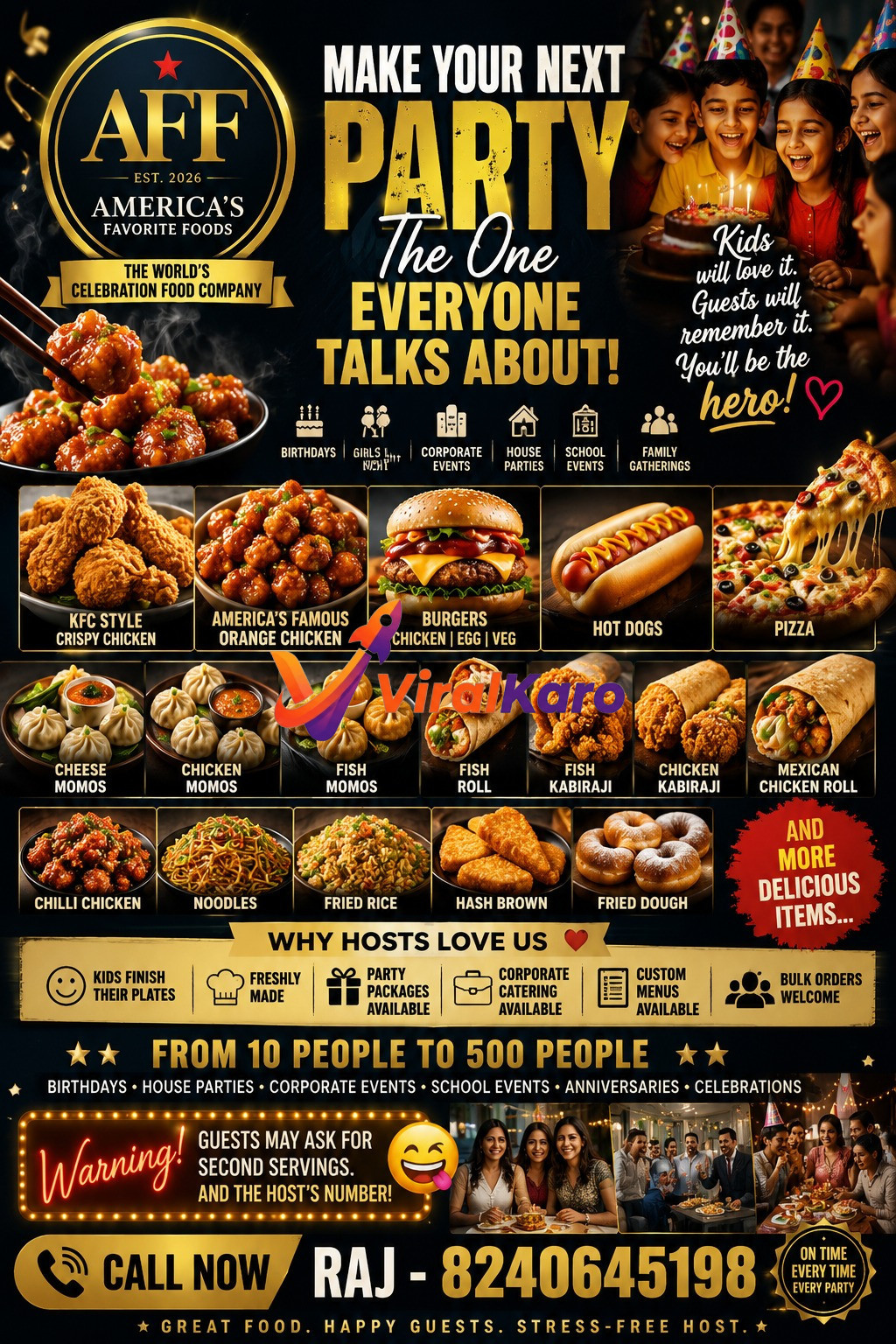 A comprehensive catering menu advertisement for America's Favorite Foods featuring images of fried chicken, burgers, momos, rolls, and party groups.