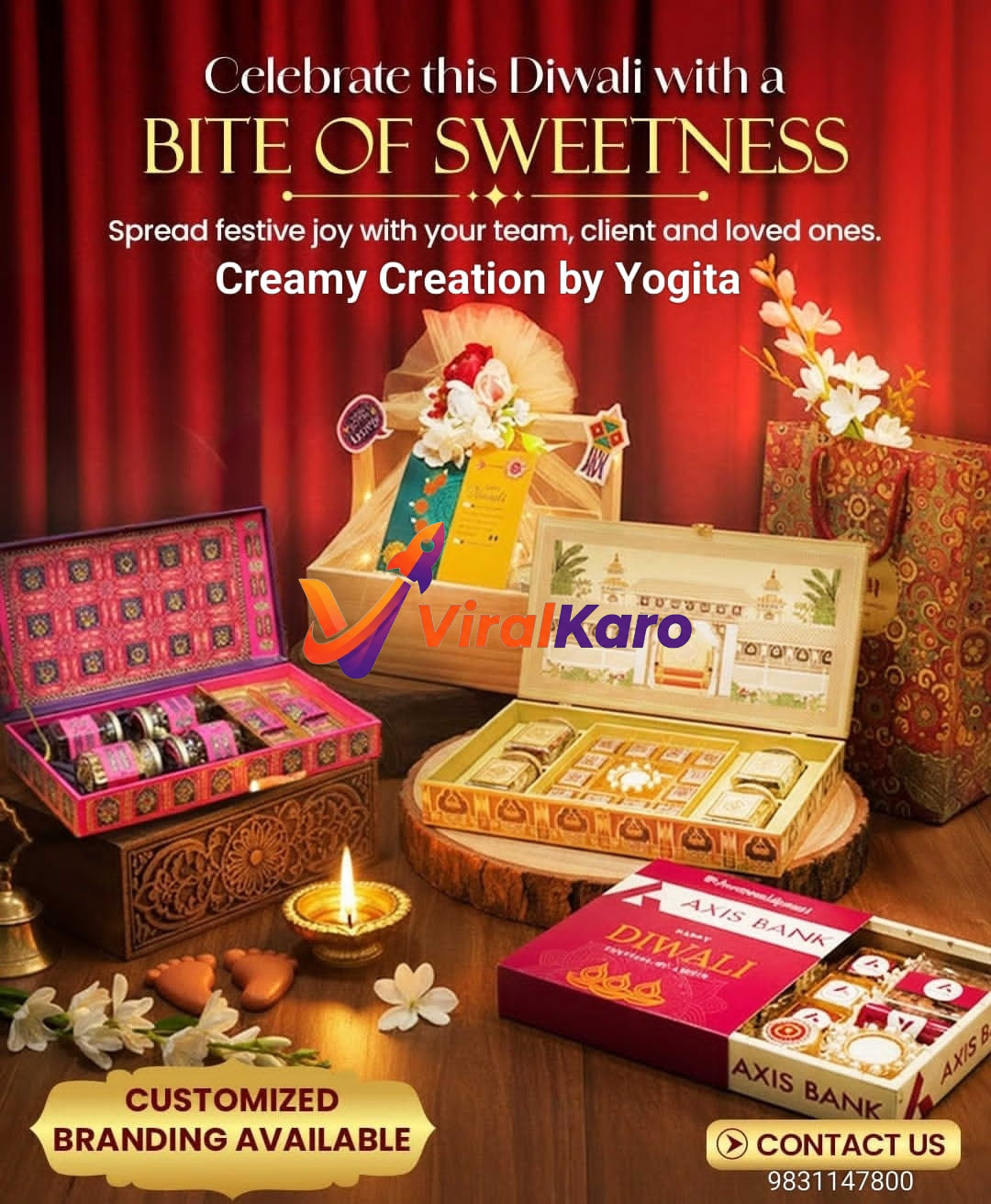 A festive collection of Diwali gift boxes including ornate wooden boxes and branded Axis Bank hampers, accompanied by a diya and flowers, from Creamy Creation by Yogita.