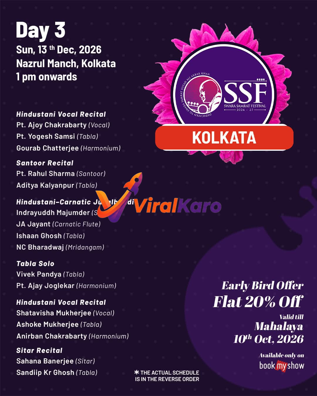 Event poster for Swara Samrat Festival 2026 at Nazrul Manch featuring a list of classical musicians and the date 13th Dec 2026.