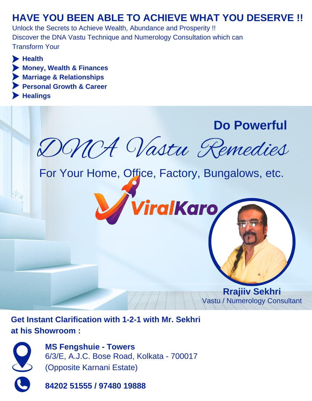 Rrajiiv Sekhri, a Vastu and Numerology consultant, advertising DNA Vastu remedies for homes and offices with contact information and address in Kolkata.