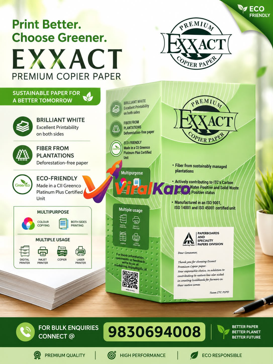Exxact Premium Copier Paper packaging box on a wooden desk with a pen, highlighting eco-friendly and sustainable printing features.
