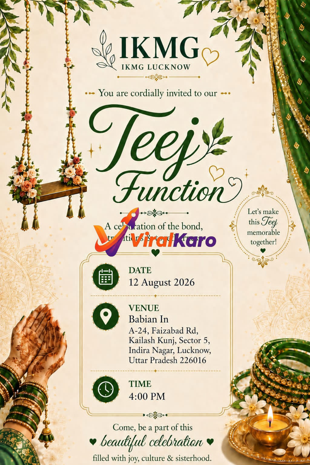 Elegant invitation card for a Teej celebration hosted by IKMG Lucknow, featuring a decorated swing, henna-patterned hands with bangles, and event details.