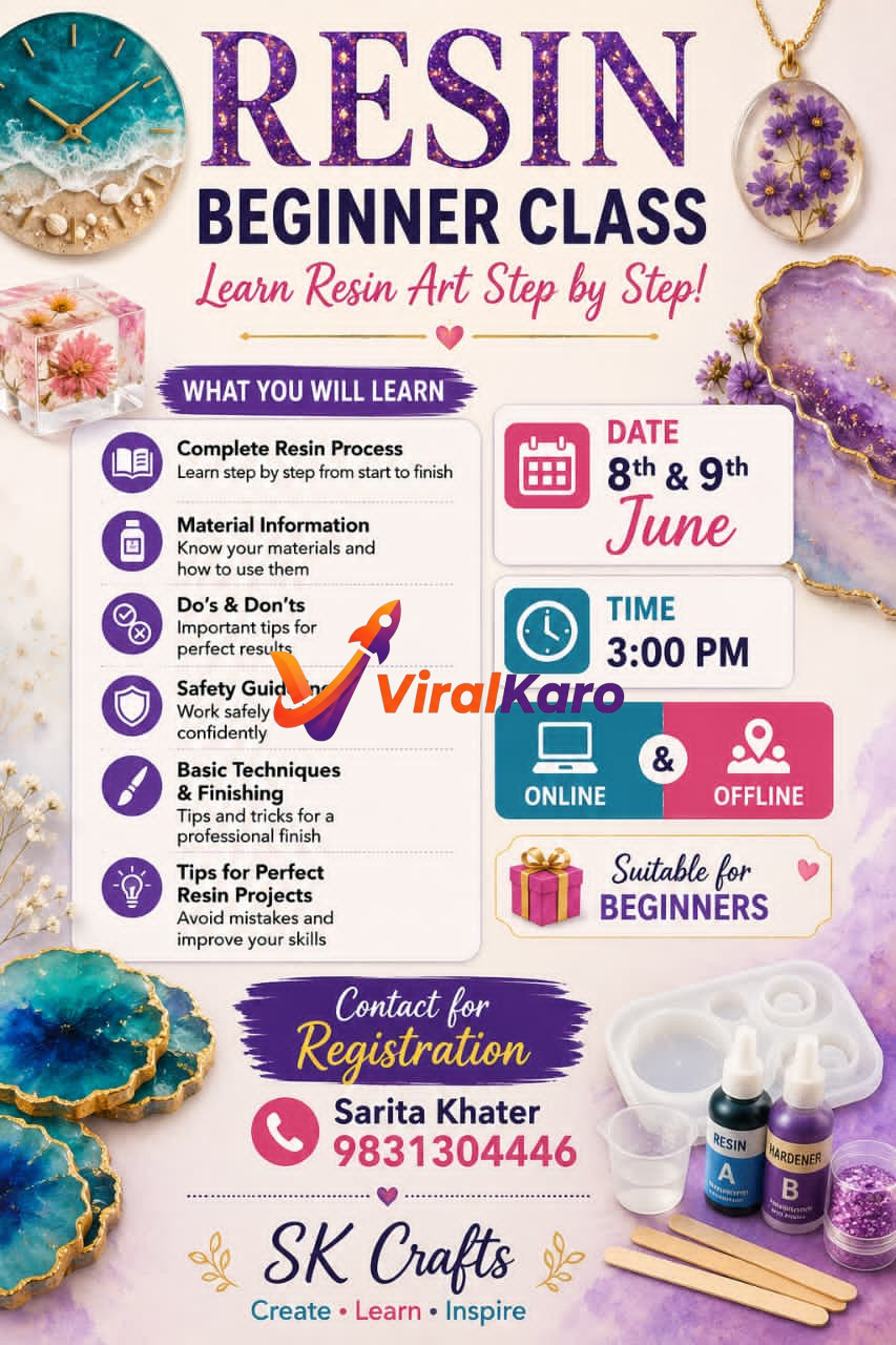 Flyer for a resin art beginner class by SK Crafts, featuring resin art samples, class details for June 8th and 9th, and contact information.