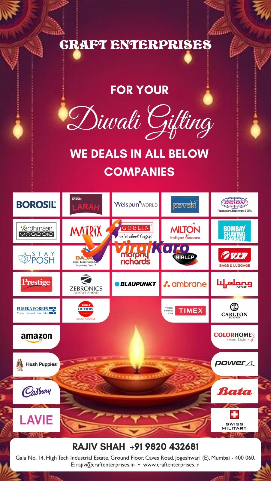 Diwali gifting poster by Graft Enterprises showcasing logos of various partner brands like Borosil, Milton, and Prestige on a decorative festive background.