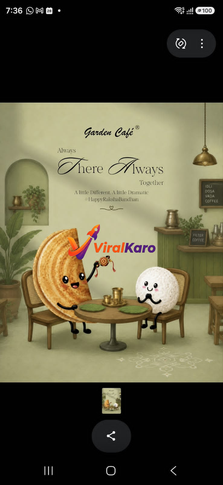A cute digital illustration of a cartoon Dosa tying a rakhi to a cartoon Idli at a Garden Café restaurant table, celebrating Raksha Bandhan.