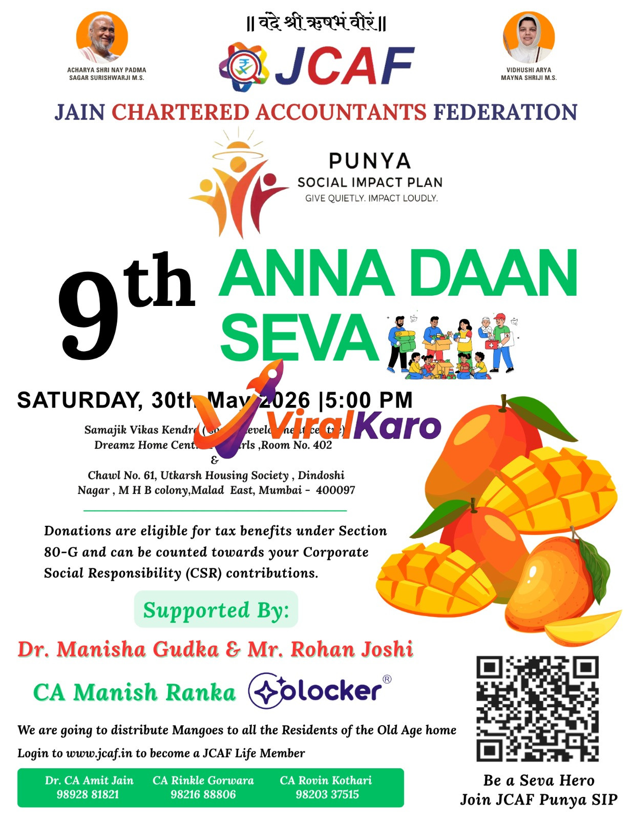 Poster for the 9th Anna Daan Seva by Jain Chartered Accountants Federation (JCAF) in Mumbai, featuring mangoes, a diverse group of people helping, event details for May 30, 2026, and donation information for a food distribution drive at an old age home and girls' center.