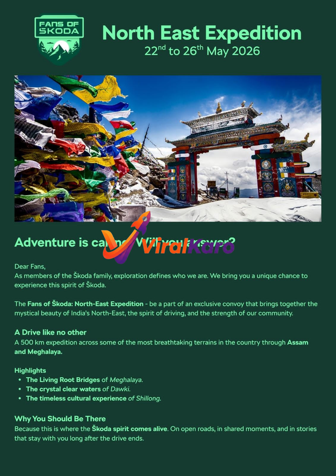 Scenic view of a traditional archway or gate adorned with colorful Buddhist prayer flags, set against a backdrop of snow-capped mountains and a clear blue sky, representing the North East region of India for the Skoda Expedition event.