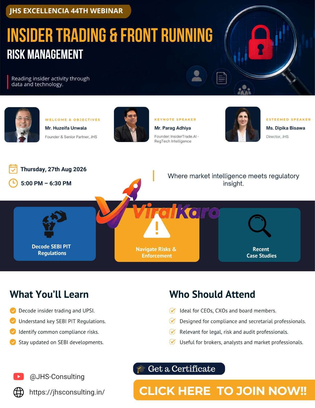 Webinar event poster titled Insider Trading & Front Running Risk Management by JHS Excellencia featuring speakers Huzeifa Unwala, Parag Adhiya, and Dipika Bisawa.