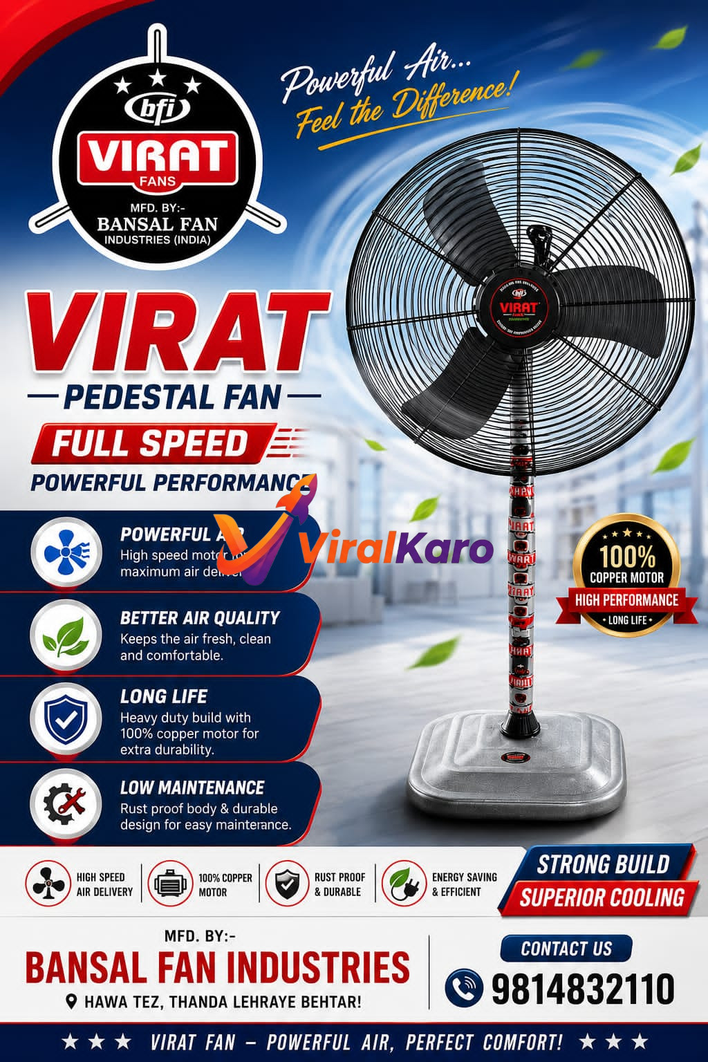 Close-up of a black and silver Virat pedestal fan by Bansal Fan Industries, highlighting features like 100% copper motor, powerful air delivery, strong build, and superior cooling, set against a light blue background with floating green leaves.