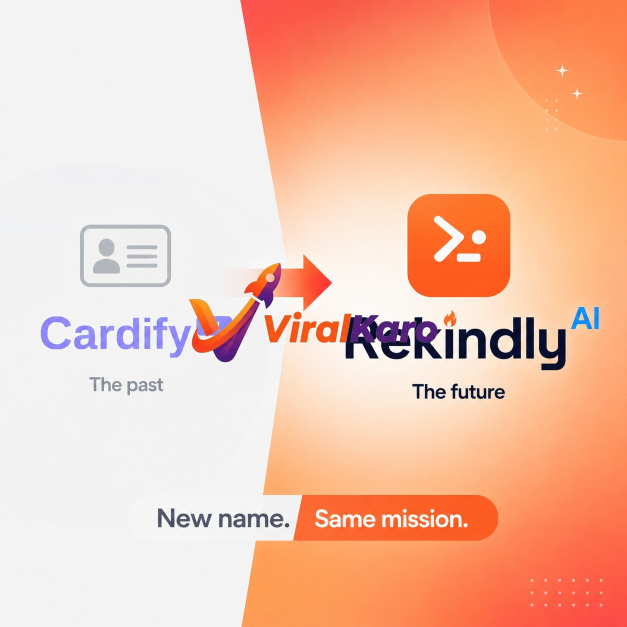 An orange and white graphic showing a digital business card icon labeled 'The past: Cardify' transitioning into an orange app icon labeled 'The future: Rekindly AI' with text saying New name. Same mission.