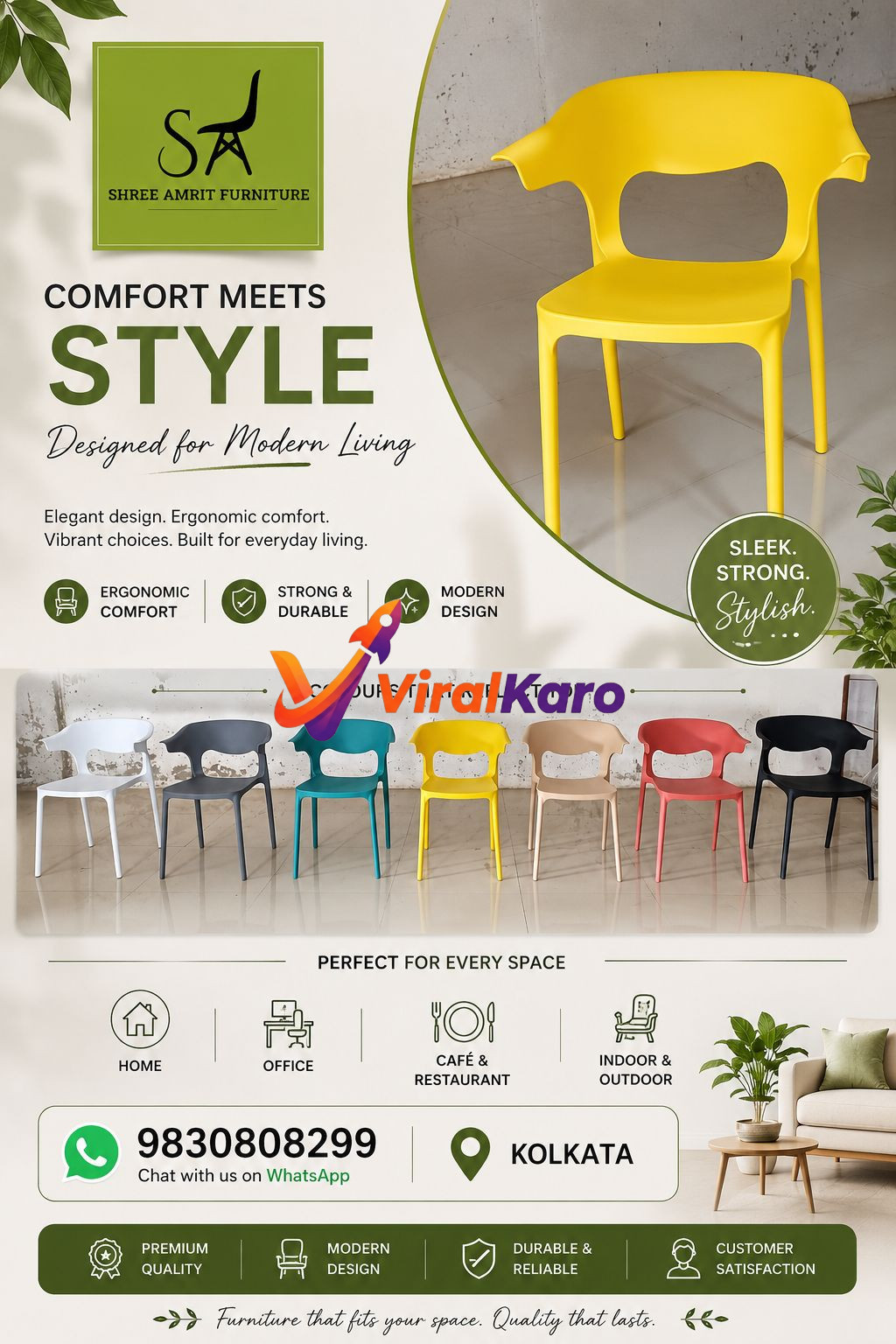 Collection of vibrant, modern ergonomic chairs in various colors displayed in an advertisement for Shree Amrit Furniture in Kolkata.
