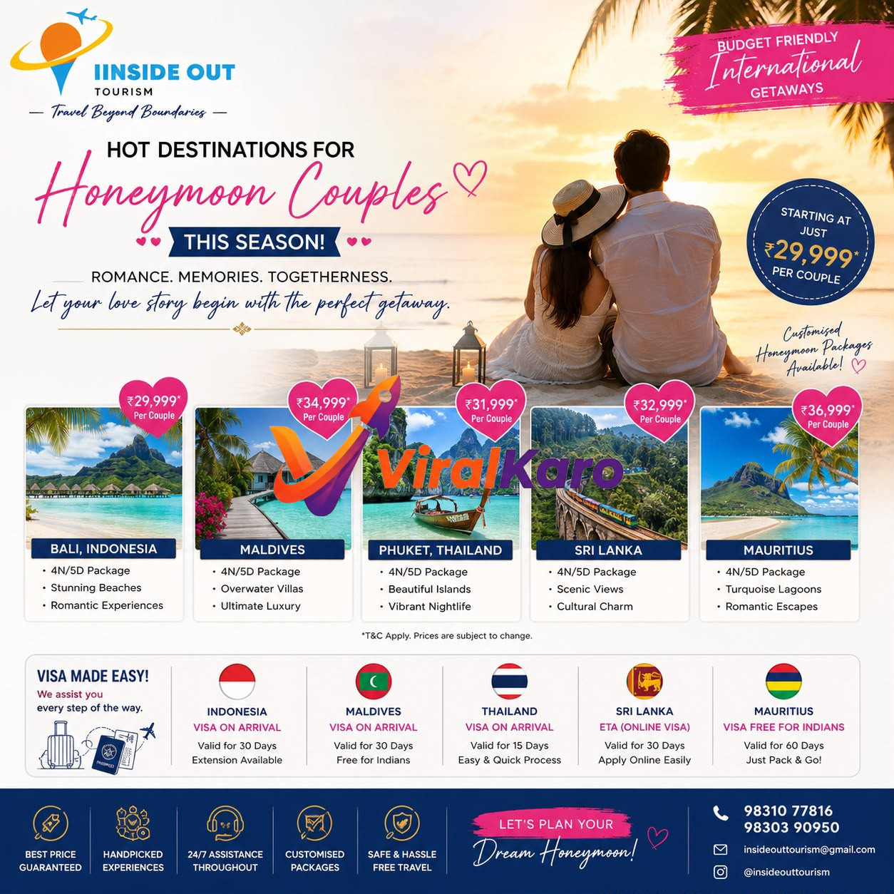 Travel advertisement for IINSIDE OUT TOURISM featuring romantic honeymoon destinations like Bali, Maldives, and Sri Lanka with pricing and visa information.