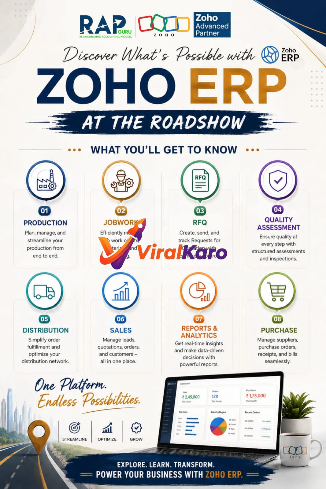 Promotional image for the Zoho ERP Roadshow, featuring the Zoho and RapGuru logos, and showcasing eight key business functions of Zoho ERP: Production, Jobwork, RFQ, Quality Assessment, Distribution, Sales, Reports & Analytics, and Purchase. The bottom section displays a laptop with a Zoho dashboard, a map pin, and text 'One Platform. Endless Possibilities.' and 'Explore. Learn. Transform. Power Your Business with Zoho ERP.'