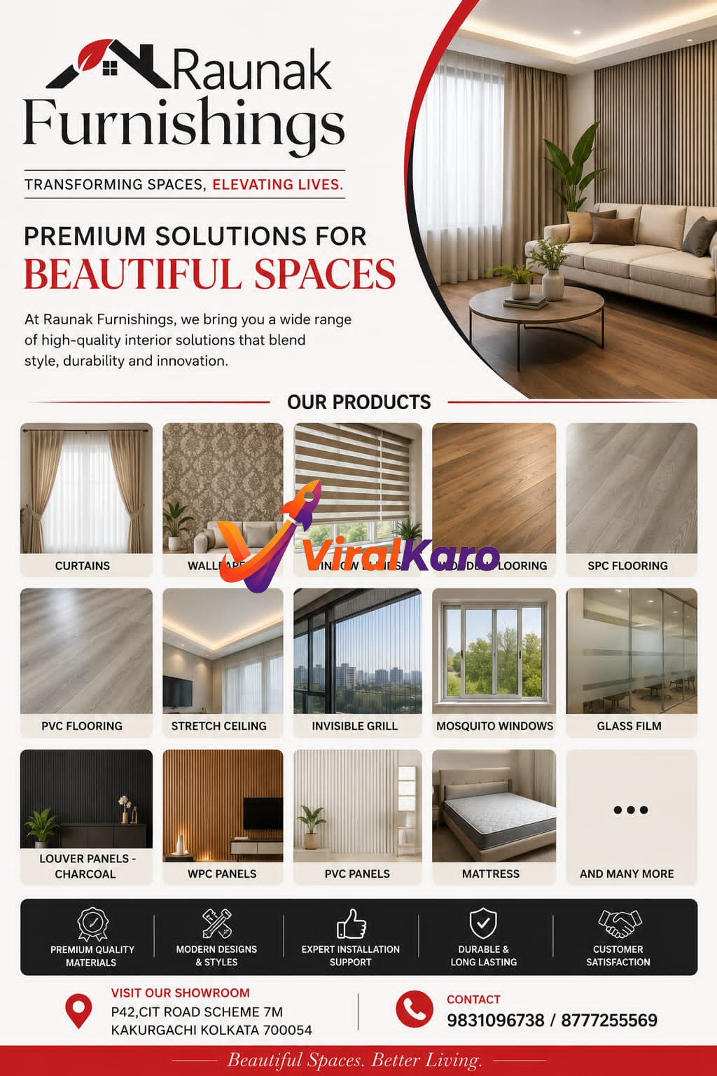 An advertisement for Raunak Furnishings showcasing a variety of home interior products and services. The image features a modern living room interior, followed by separate panels displaying curtains, wallpaper, window blinds, wooden flooring, SPC flooring, PVC flooring, stretch ceiling, invisible grill, mosquito windows, glass film, louver panels (charcoal), WPC panels, PVC panels, and mattresses. The ad highlights premium quality materials, modern designs, expert installation, durability, and customer satisfaction, along with showroom contact details in Kakurgachi, Kolkata.