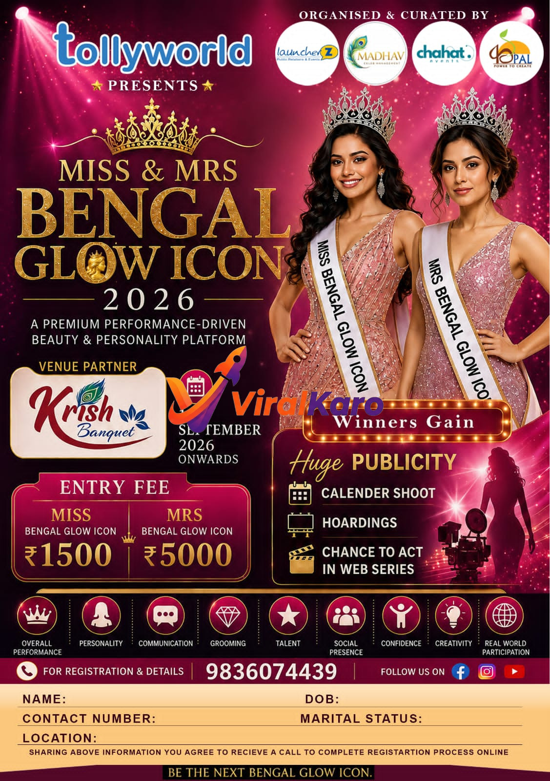 Promotional poster for Miss & Mrs. Bengal Glow Icon 2026 beauty pageant featuring two crown-wearing models on a glamorous gold and pink background.