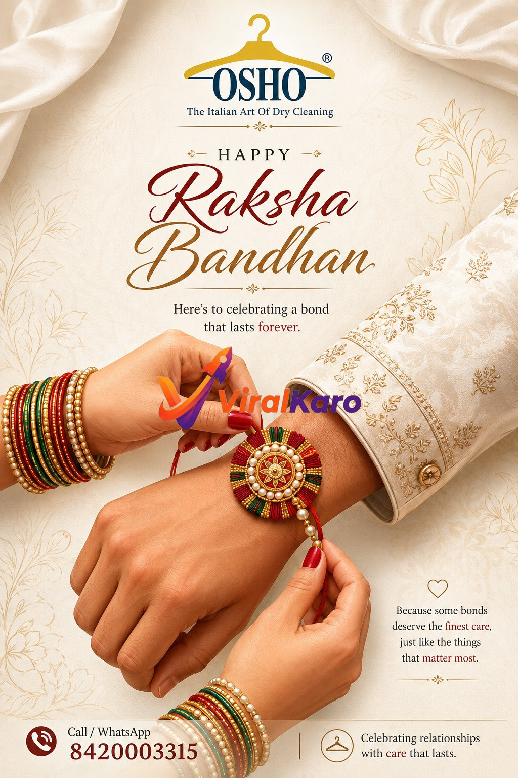 A festive Raksha Bandhan greeting card featuring a woman tying a Rakhi on a man's wrist, with OSHO Dry Cleaning branding.