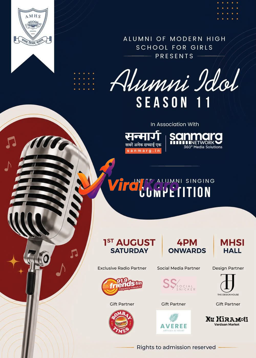 Event poster for Alumni Idol Season 11, featuring a vintage microphone and event details including date, time, venue, and partners.