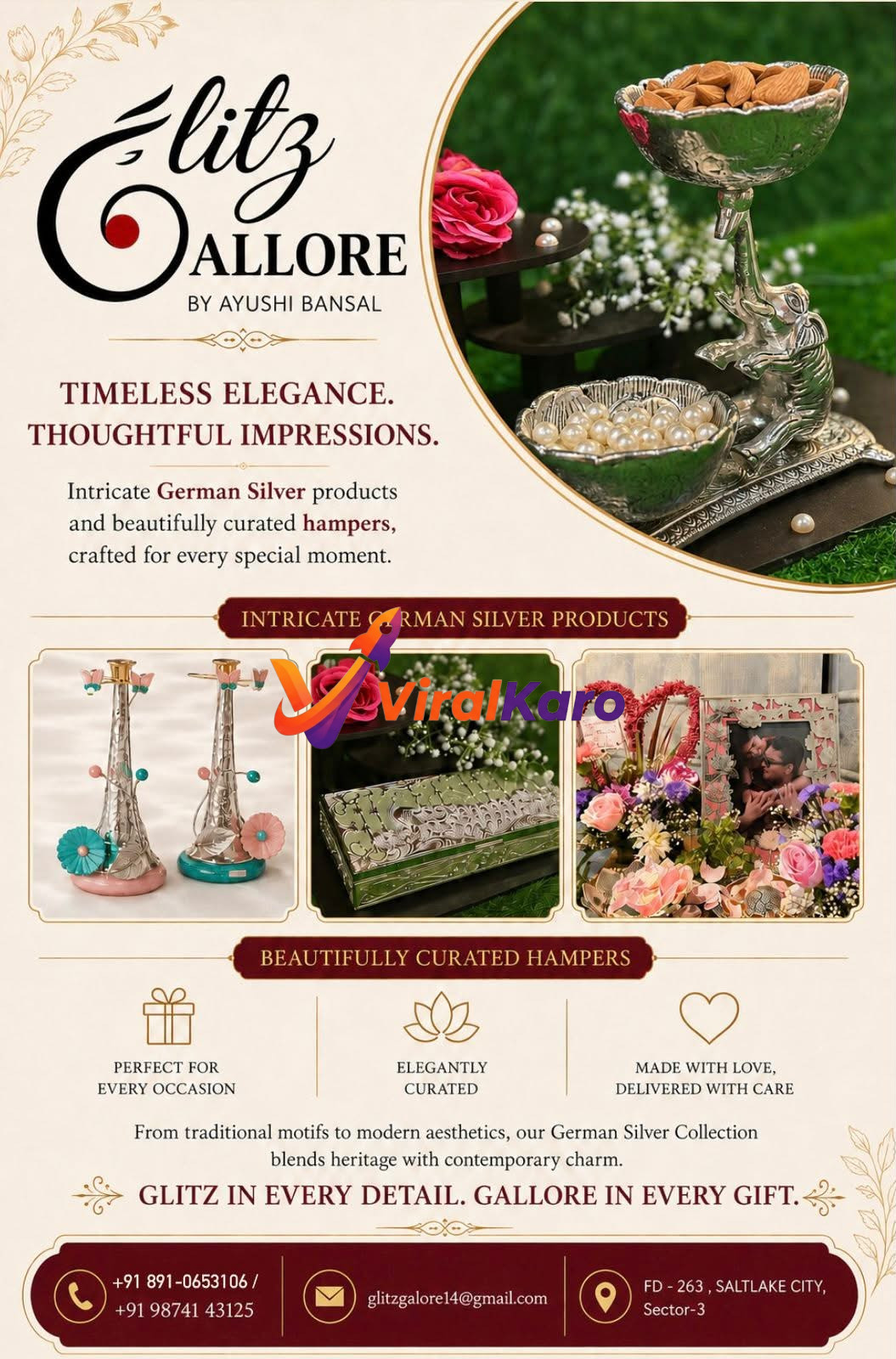 A promotional poster for Glitz Gallore by Ayushi Bansal, featuring intricate German silver items and beautifully curated gift hampers. The image displays an elephant-shaped dry fruit bowl filled with almonds, a smaller bowl with pearls, elegant pink and teal candle holders, a decorative green box, and a vibrant floral arrangement with a photo frame. Contact details for Saltlake City, including phone numbers and email, are also visible.