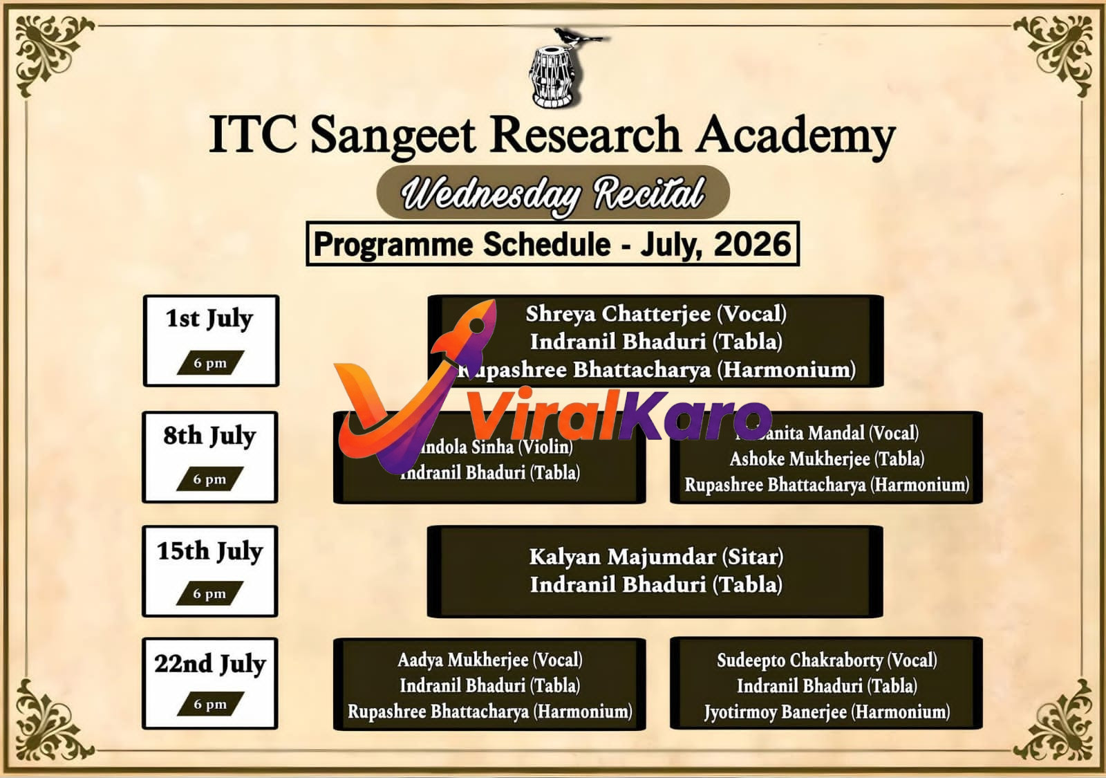 July 2026 schedule for the Wednesday Recital series at ITC Sangeet Research Academy in Kolkata, featuring classical music performers.