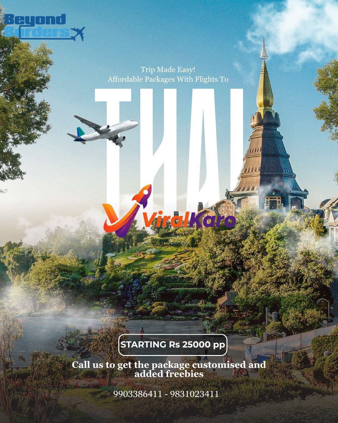 An aerial view of the majestic Phra Mahathat Naphamethanidon and Naphaponphumisiri twin pagodas on Doi Inthanon, Thailand, surrounded by lush green terraced gardens and mist, with a commercial airplane flying in the blue sky. The Beyond Borders logo is in the top left corner, advertising affordable Thailand travel packages.