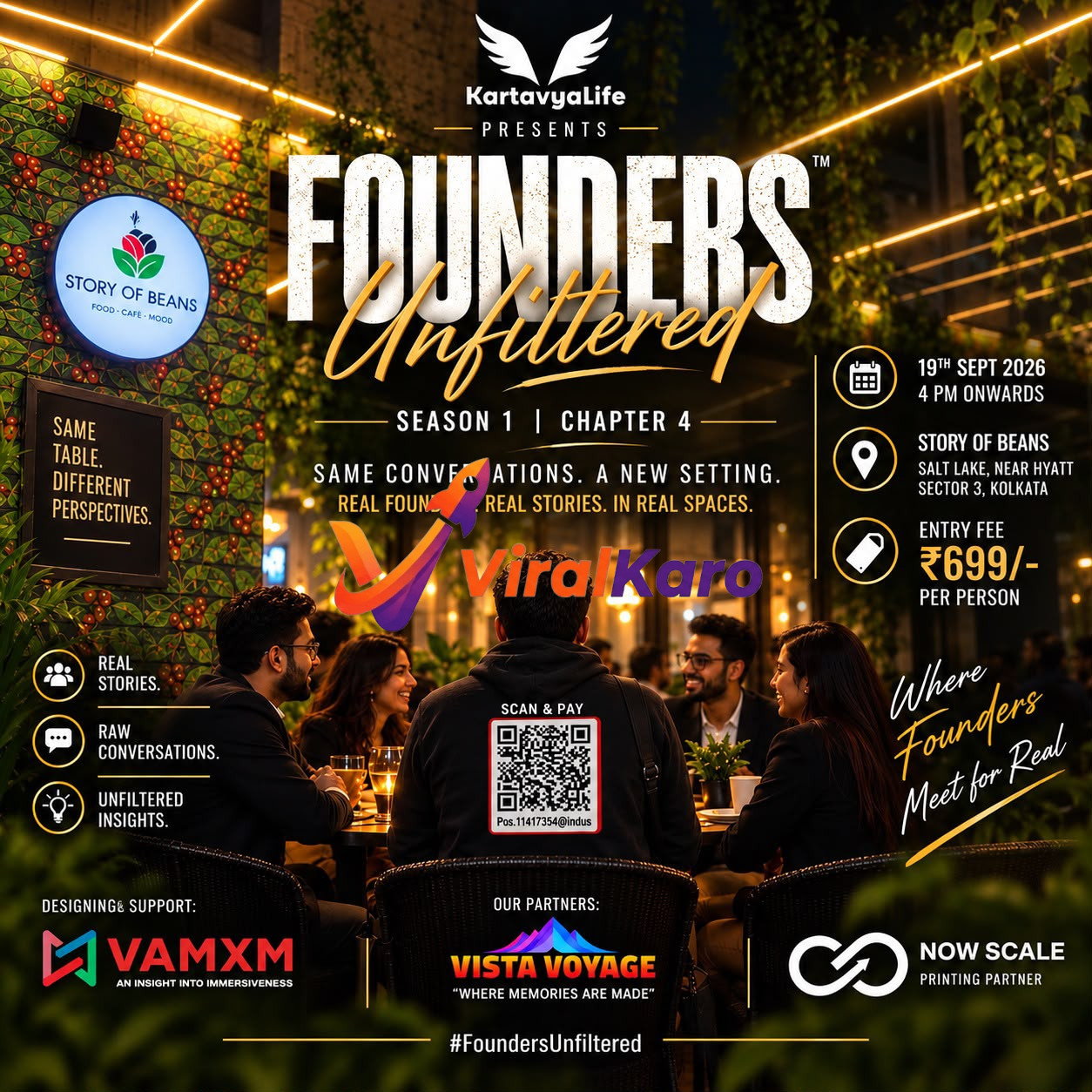 Event poster for Founders Unfiltered Season 1 Chapter 4, showing founders sitting at a cafe table at Story of Beans in Salt Lake, Kolkata, with event details and a payment QR code.