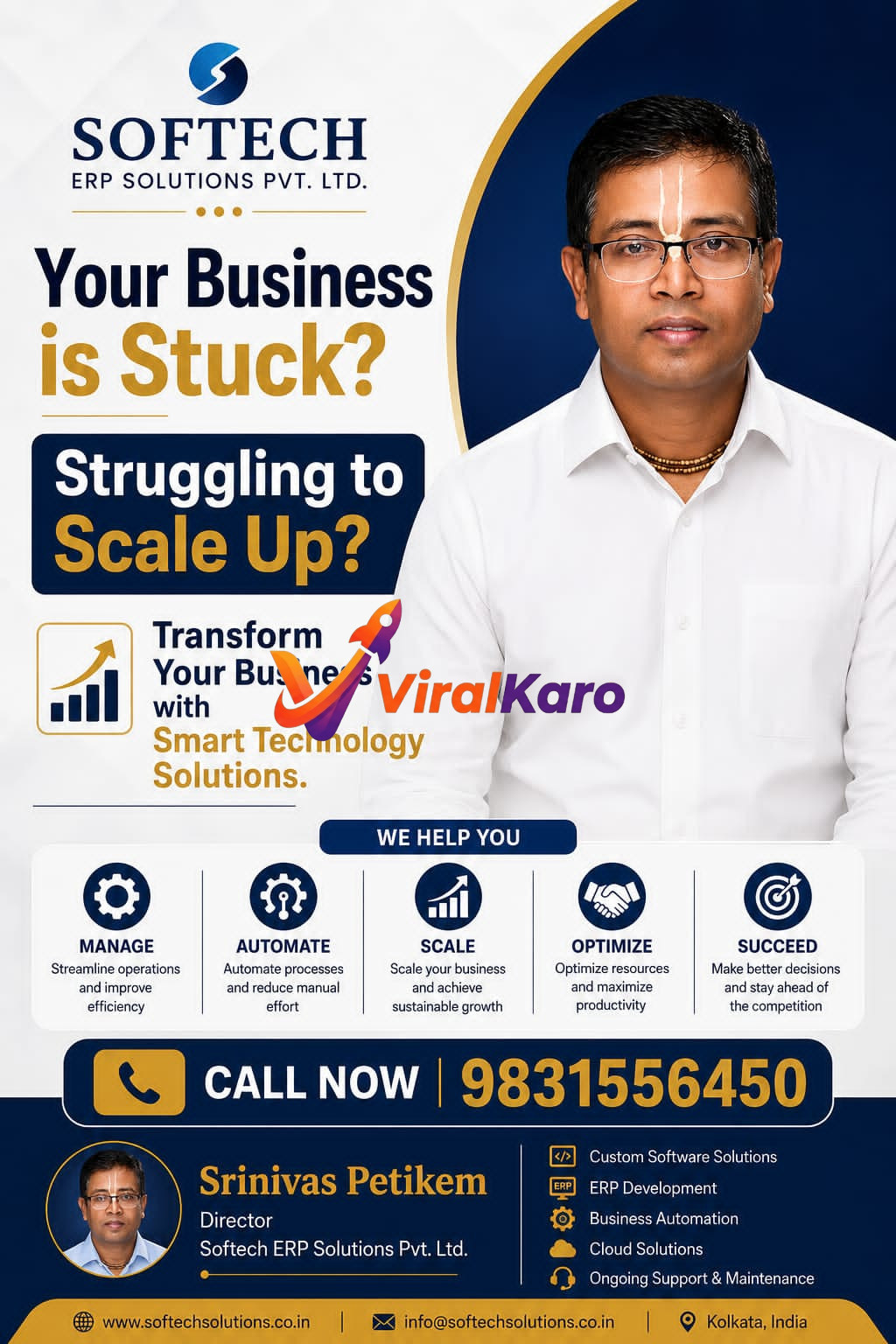 Professional business profile poster for Softech ERP Solutions Pvt. Ltd. featuring Director Srinivas Petikem, highlighting ERP development, business automation, and scaling services.