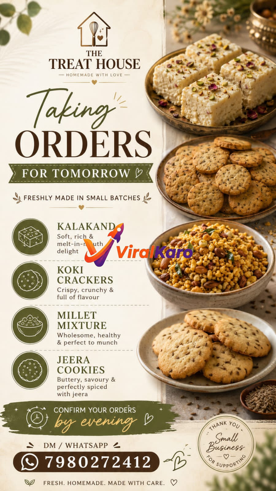 A flyer for The Treat House showcasing a variety of homemade snacks like Kalakand, Jeera cookies, and crackers, with contact information for ordering.