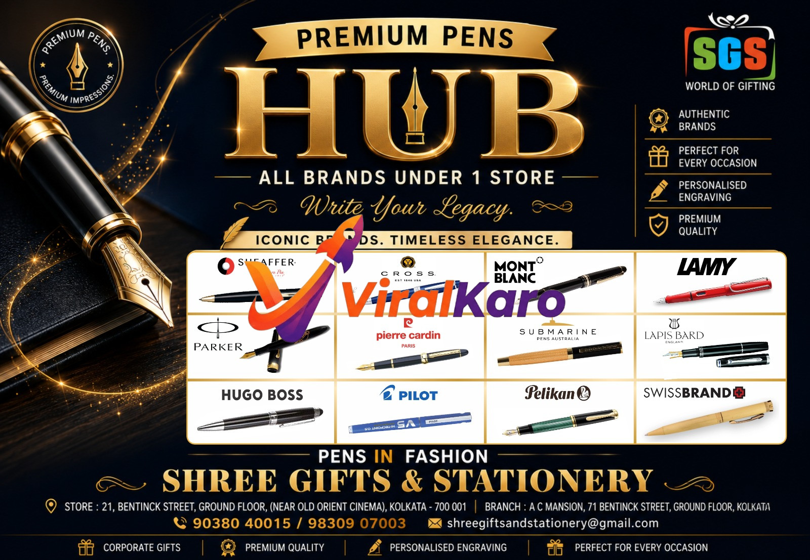 A vibrant advertisement for Shree Gifts & Stationery's Premium Pens Hub, featuring a large, ornate gold fountain pen on a dark book, surrounded by golden sparkles. The ad highlights "All Brands Under 1 Store" with logos of brands like Sheaffer, Cross, Montblanc, Parker, Lamy, Hugo Boss, and Pelikan. Contact details for their Kolkata stores are prominently displayed at the bottom, along with services like corporate gifts, personalized engraving, and premium quality. The overall aesthetic is luxurious with a black and gold color scheme.