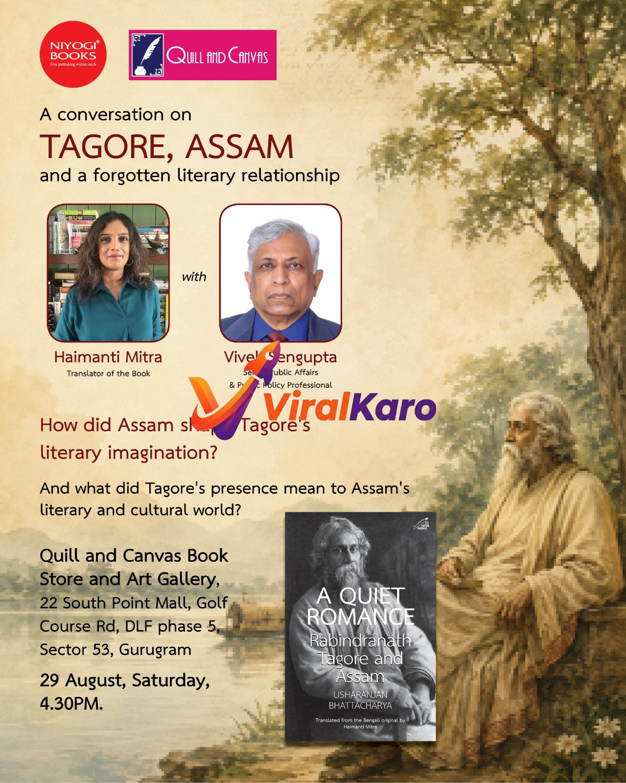Event poster for a literary conversation on Tagore and Assam featuring speakers Haimanti Mitra and Vivek Sengupta at Quill and Canvas, Gurugram.