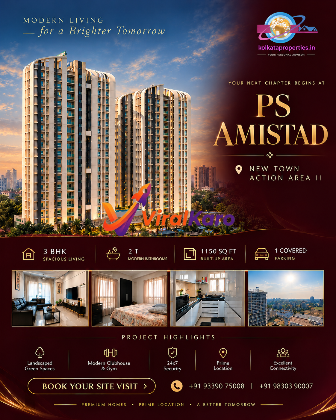 Modern high-rise apartment complex PS Amistad in New Town, Kolkata with interior views of a living room, bedroom, and kitchen.
