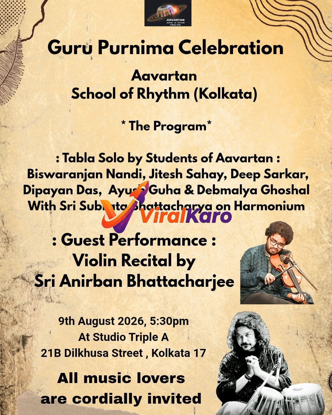 Event poster for Guru Purnima Celebration by Aavartan School of Rhythm, featuring details about musical performances on August 9, 2026, at Studio Triple A, Kolkata.