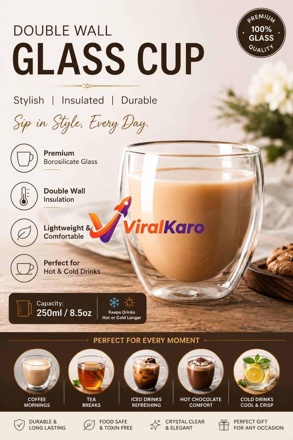 A close-up view of a 250ml premium double-wall borosilicate glass cup filled with coffee, sitting on a wooden surface, showcasing its sleek and insulated design.