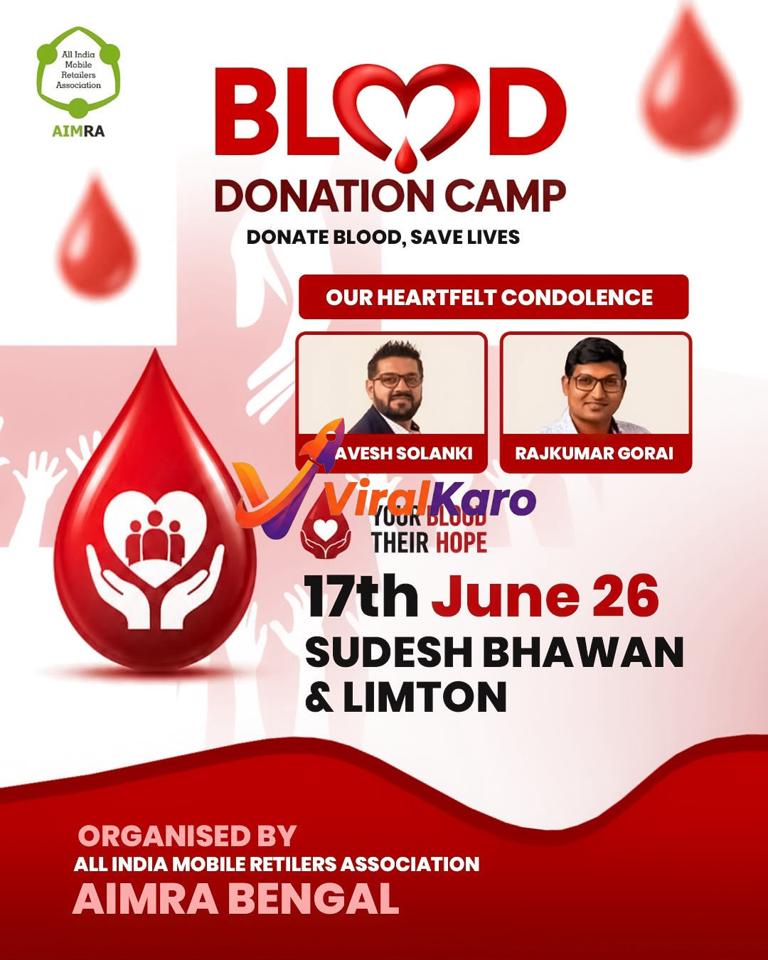 Blood Donation Camp poster by AIMRA Bengal featuring a blood drop icon, photos of Avesh Solanki and Rajkumar Gorai, with event details.