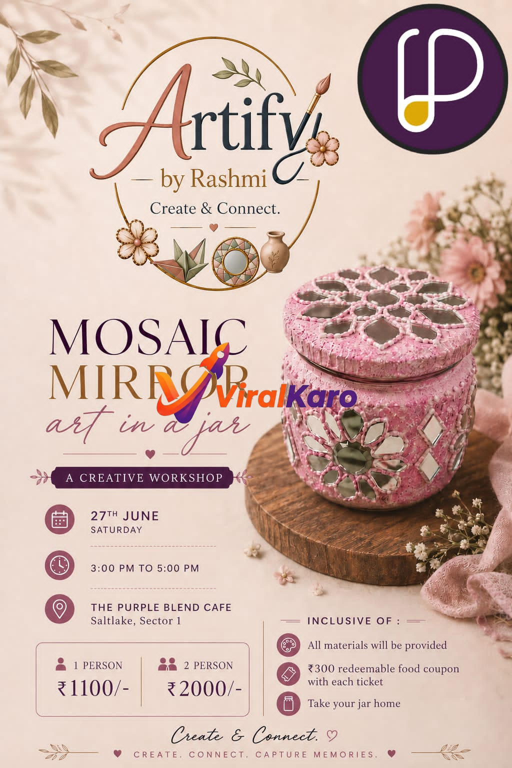 A creative workshop flyer for Mosaic Mirror Art in a Jar by Artify by Rashmi showing a pink decorative glass jar on a wooden coaster.