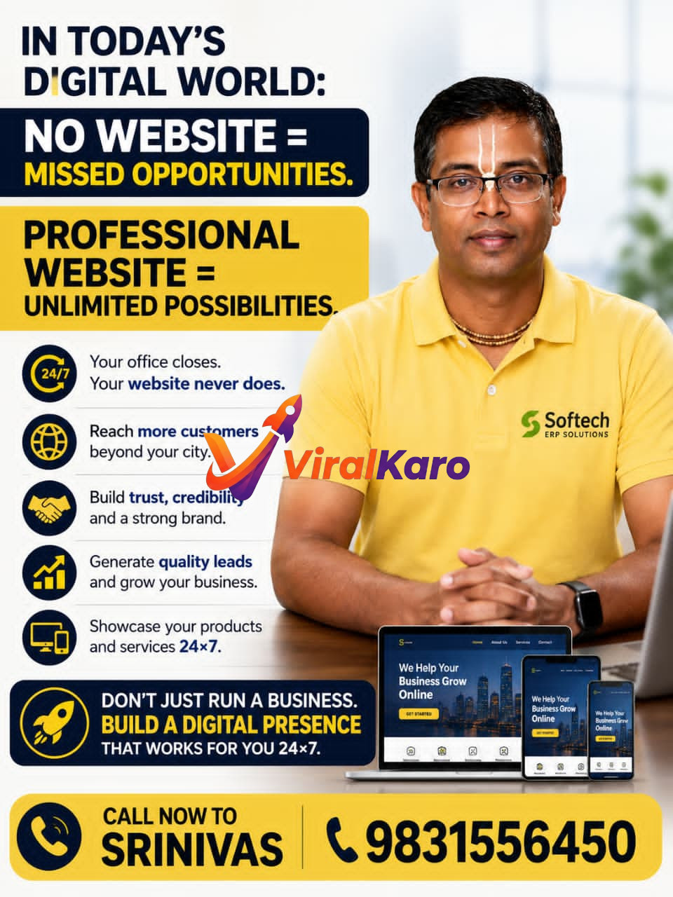 Professional man representing Softech ERP Solutions advertising web development services for small businesses with a laptop showing website design mockups.