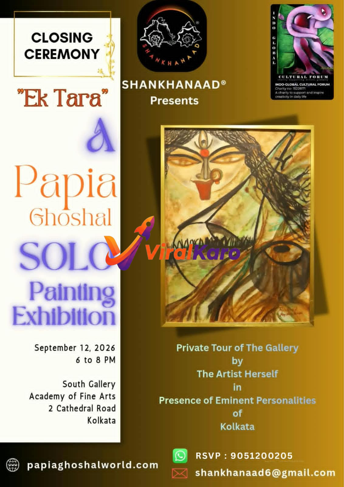 Exhibition poster for Papia Ghoshal's 'Ek Tara' solo painting show at the Academy of Fine Arts in Kolkata, featuring an abstract portrait painting.