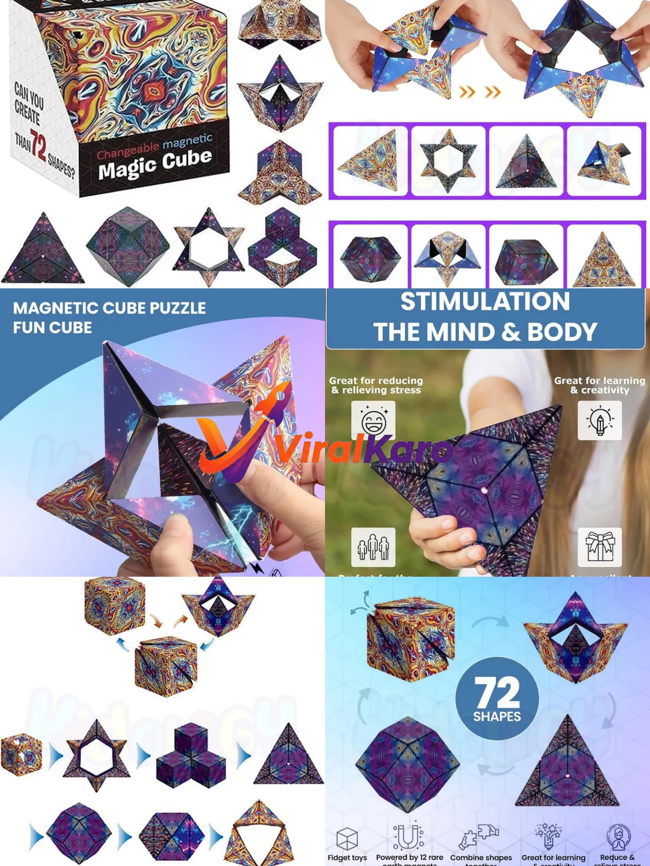 A multi-panel image displaying the Changeable Magnetic Magic Cube, a colorful and intricate geometric puzzle. The panels show the cube in its box, hands manipulating the magnetic pieces to form different shapes like stars, triangles, and polygons, and examples of over 72 possible shapes. Text overlays mention "Magnetic Cube Puzzle Fun Cube" and benefits like "Stimulation the Mind & Body", "Great for reducing & relieving stress", and "Great for learning & creativity". The cube features vibrant, swirling psychedelic patterns.