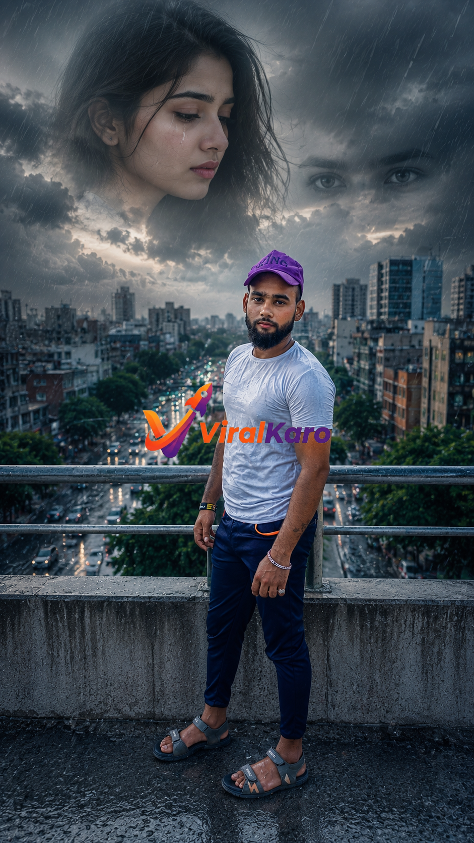 A man standing on a rooftop overlooking a rainy city street, with an ethereal, translucent image of a woman's face appearing in the stormy sky above.