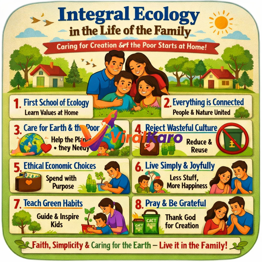 An infographic titled 'Integral Ecology in the Life of the Family' illustrating 8 principles for environmental stewardship and social responsibility. It features illustrations of a happy family and depicts concepts like learning values at home, caring for the earth and the poor, rejecting wasteful culture, ethical economic choices, living simply, teaching green habits, and praying gratefully. The design is colorful and cartoonish, set against a backdrop of houses and nature.