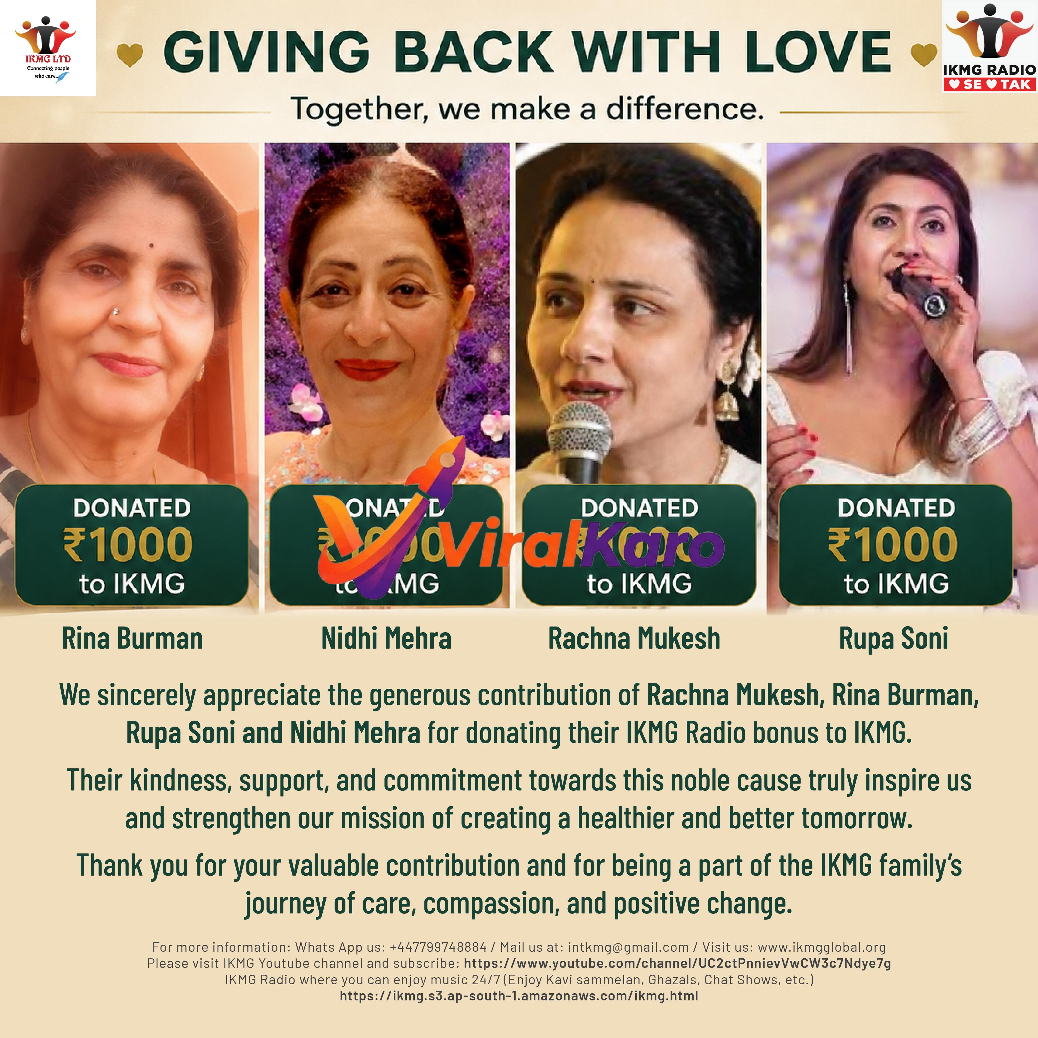 Collage of four Indian women: Rina Burman, Nidhi Mehra, Rachna Mukesh, and Rupa Soni. Each woman's portrait is shown in a square, with text below stating 'DONATED ₹1000 to IKMG'. The top banner reads 'GIVING BACK WITH LOVE - Together, we make a difference' with IKMG Ltd and IKMG Radio logos. The overall image thanks the donors for their contributions to IKMG's mission.