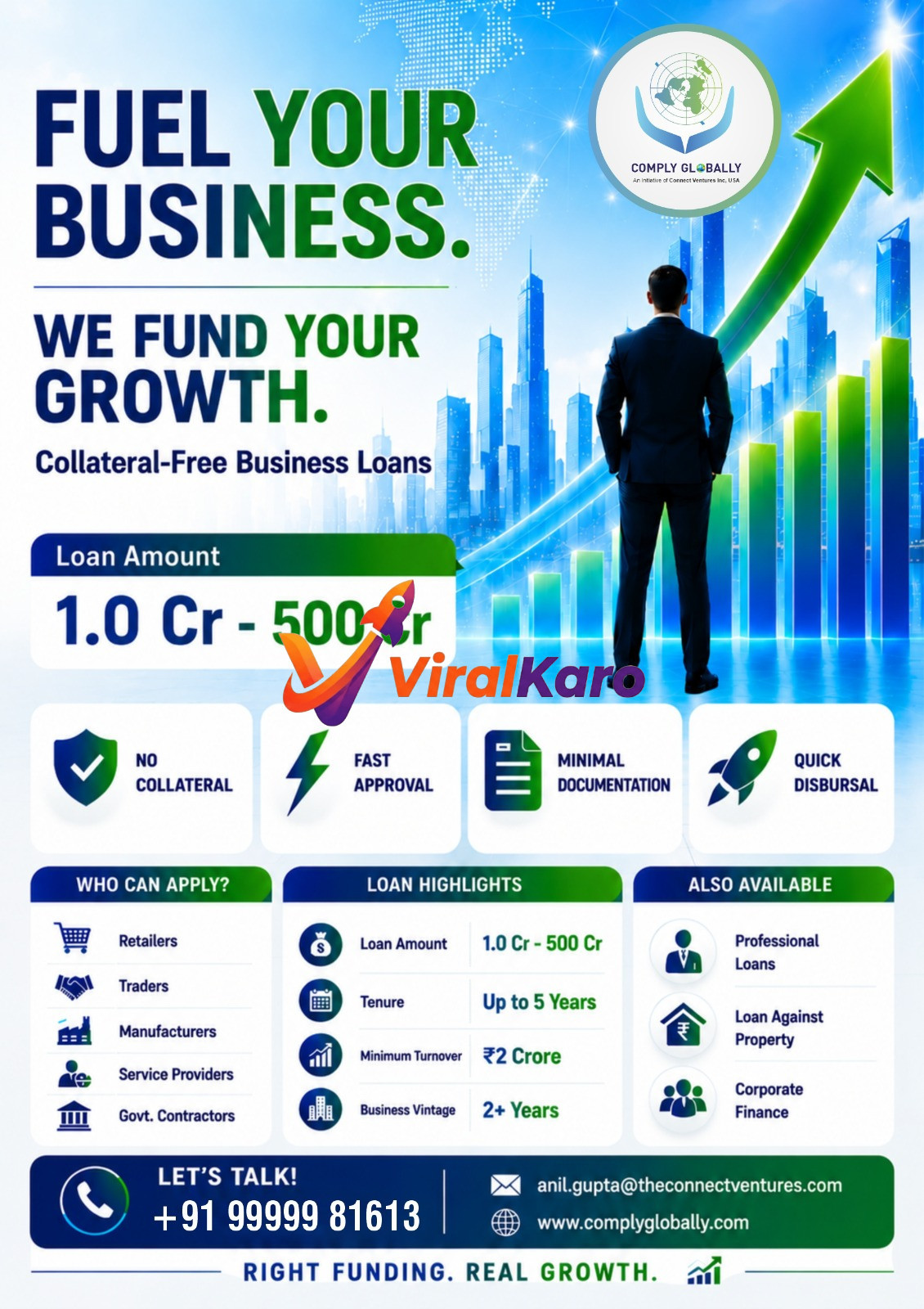 Financial services flyer by Comply Globally offering collateral-free business loans from 1 Crore to 500 Crore with icons highlighting fast approval and minimal documentation.
