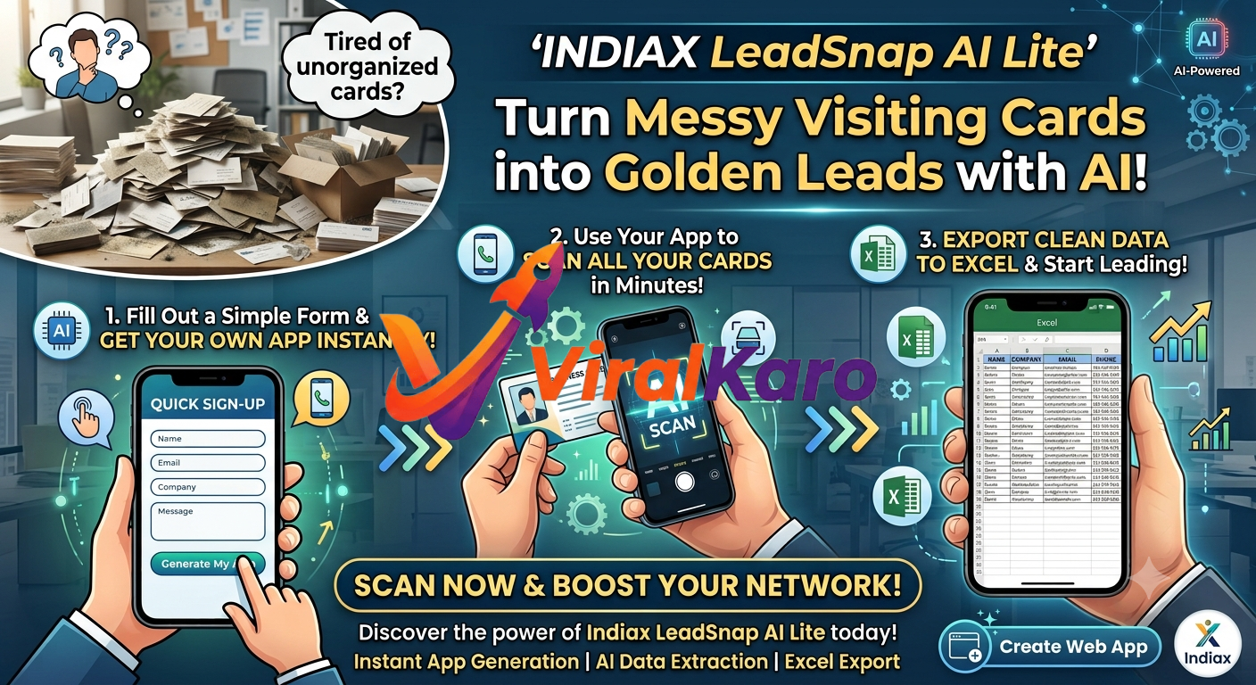An infographic showing the Indiax LeadSnap AI Lite process: signing up for an app, scanning a physical business card with a smartphone, and viewing the converted contact list in an Excel spreadsheet.