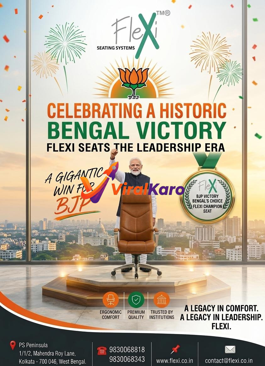 Flexi Seating Systems advertisement featuring Prime Minister Narendra Modi next to a brown ergonomic office chair, with the Kolkata skyline and fireworks in the background. The ad celebrates a 'Bengal Victory' for BJP, highlighting Flexi chairs as a symbol of leadership, comfort, and premium quality, trusted by institutions. Contact details for Flexi in Kolkata are visible.