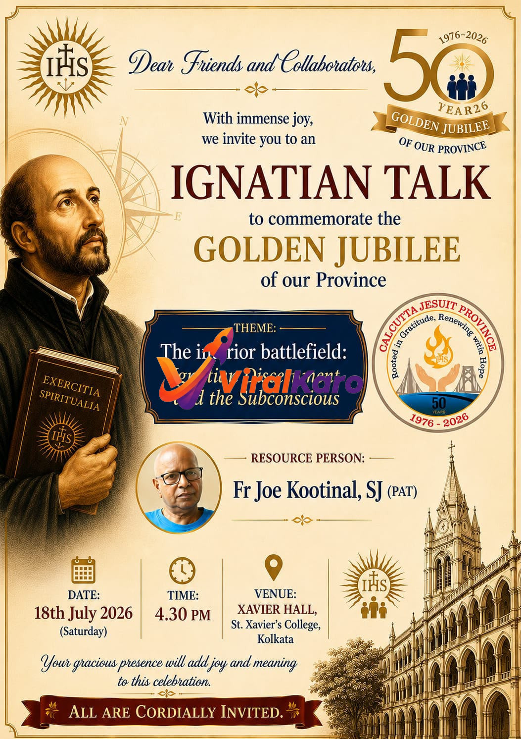 Event invitation poster for an Ignatian Talk featuring Fr. Joe Kootinal, SJ at St. Xavier's College, Kolkata for the 50th Golden Jubilee.